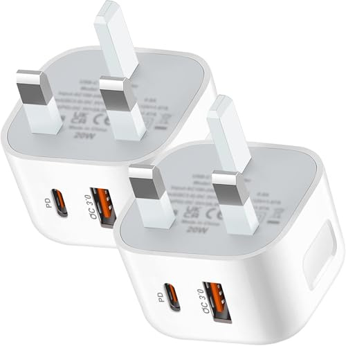 USB C Plug (2-Pack), 20W USB C Fast Charger Plug for iPhone UK Wall Power Adaptor Compatible with iPhone 16/15/14/14 Plus/14 Pro/14 Pro Max/13 12 11 X XR XS SE/Pad/More