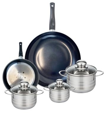 ELO 9729450 Batterie de cuisine 5 pièces, Ensemble de 2 Poêles de cuisson 20 et 32 cm et 3 faitouts 12, 14 et 16 cm Elo Prima Brillant, inox, induction