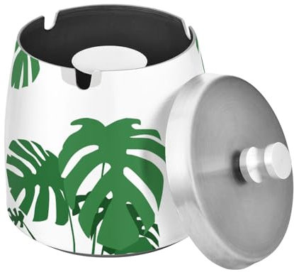 Monstera White Vase Ashtray with Lid, Windproof Cigarette Ash Tray for Outdoor Indoor, Stainless Steel Ashtray for Home Office Balcony