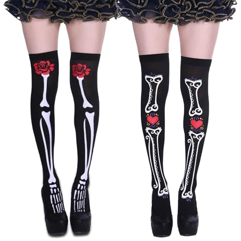 ZHITENG 2 Paia Collant Halloween Donna, Calze Scheletro in Nylon Calze Halloween Donna Collant Scheletro Bambina Spaventosi, Accessori per Carnevale Feste a Tema (Taglia Unica Nero)