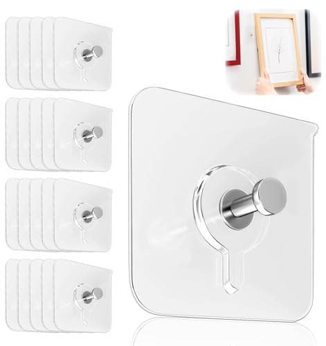 20 Pcs Self Adhesive Picture Hooks – Heavy Duty Wall Hooks Hold up to 15kg – No Nails Needed – Transparent Sticky Picture Hangers for Bathroom, Kitchen, Frame, Mirror, Waterproof, Reusable