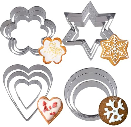 Dadnnil Cookie Cutters Set, 12 Pieces Christmas Cookie Cutters, Four Shapes: Heart, Star, Round and Flower for Baking and Cutting Cookies and Cakes