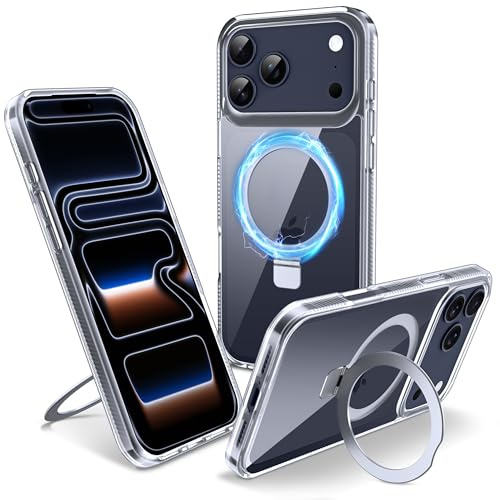Flyzoo Magnetic Kickstand Case for iPhone 17 Pro Max, [Compatible with MagSafe & Invisible Ring Stand Holder] [Non-Yellowing & Shockproof] Clear Transparent Hard Silicone Edge Cover, 6.9'', Clear