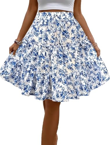 Hey Joo Womens Fashion Floral Print Ruffle Skirt Boho Beach Pleated Skirt Milky Peacock Blue M