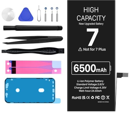 Batterie pour iPhone 7, 6500 mAh Batterie de Remplacement Lithium Polymère Haute Capacité Compatible avec A1660/A1778/A1779, 0 Cycles, Kit de Réparation Complet