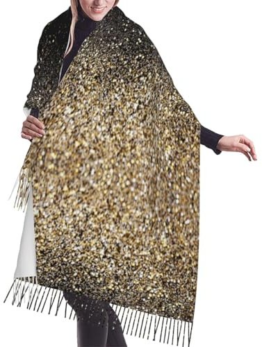 Hnnkloy Schwarz & Gold Glitzer,Großer Damenschal aus Kaschmirimitat, leichter, modischer Quastenschal, 196 x 68 cm