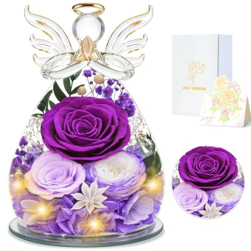 YiHuaHua Ewige Rose Engel Geschenke für Mama, Geburtstagsgeschenk für Frauen, Engel Figur Mutter Oma Freundin Geschenk Valentinstag Jahrestag Sie, Geschenk Muttertag Ewige Blume mit LED-Beleuchtung
