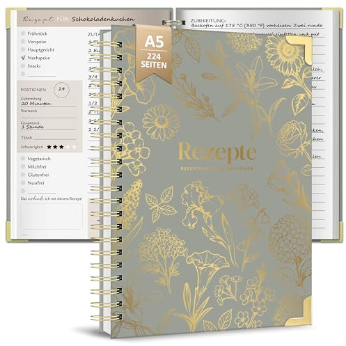 BIROYAL Rezeptbuch zum Selberschreiben A5 mit Zutatenersatztabelle, Grün | Hardcover Kochbuch mit Umrechnungstabelle & Saisonkalender, 120g Dickes Papier, Platz für 100 Rezepte, Doppelseite pro Rezept