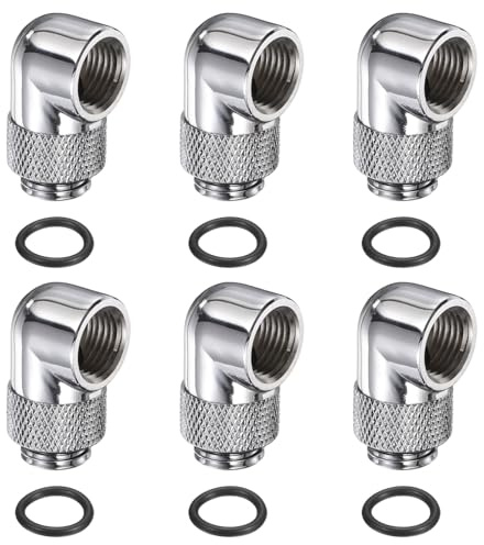 Nexarelle 6-Pack G1/4 Male to Female Extender Connector, 90° Rotary Elbow Adapter Connector Fitting - Durable Nickel-Plated Brass for Computer Water Cooling System, Silver