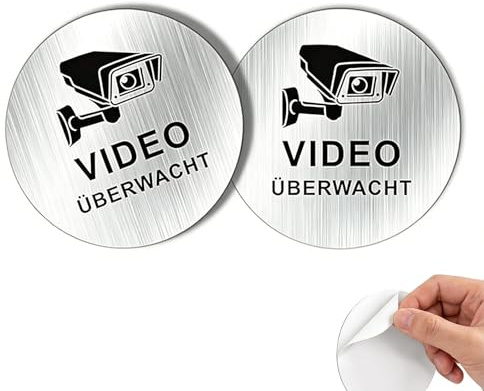 Zyrtkeriom Cartel de videovigilancia autoadhesivo de aluminio cepillado de 10 cm, ideal para instalación en diversas superficies como puertas, paquete de 2 unidades