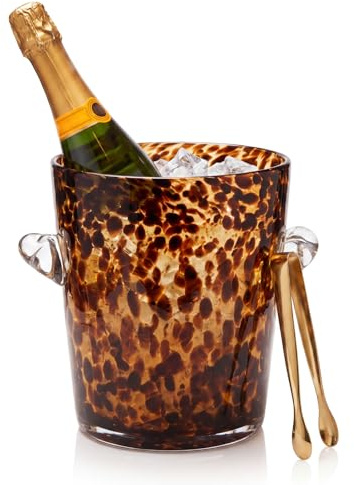 Domensi Tortoiseshell Ice Bucket with Tongs 7 x 6 1/4 Diameter Chiller Beverage Tub Cocktail Home Bar Accessories, Wine, Beer Ice Bucket for Drinks and Parties, Champagne Drink Cooler