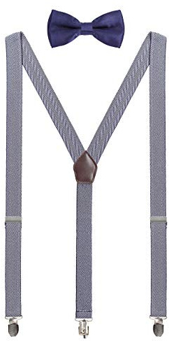 WANYING Uomo Adolescente 2,5 cm Y Forma 3 Clip Bretelle & Papillon 2 in 1 Set Casual Business Festa di Nozze - Blu scuro a righe onda