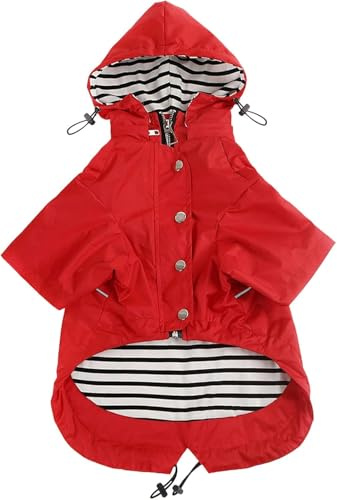 Pethiy Premium Hunde Regenmantel,Regenjacken für Hunde,wasserdicht Hundemantel mit Reißverschluss,Hund Regendicht Hoodies mit reflektierenden Knöpfen und Taschen,mit abnehmbare Kapuze-Rot-L