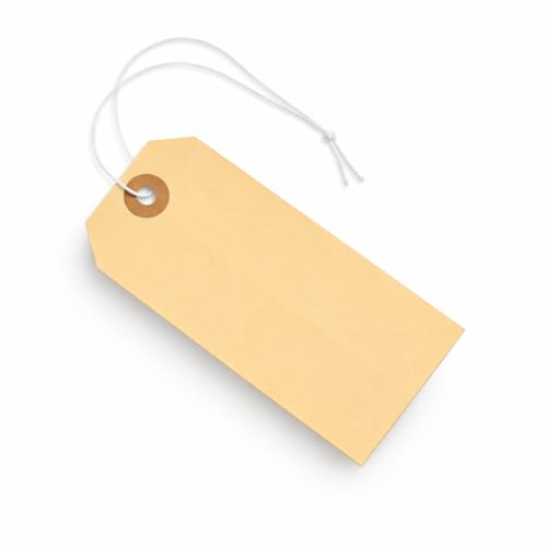 Tags with Elastic String Attached - #5, 4 3/4 x 2 3/8 Box of 100 Manila Paper Label Tags with Elastic Loop and Reinforced Hole