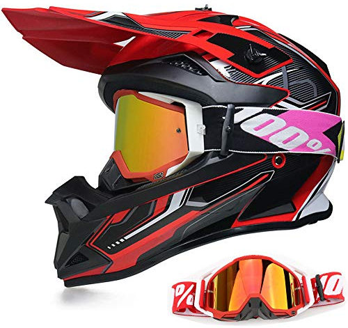 YASE Motorradhelm Crosshelm mit Brille, Motocross Helm/Enduro Downhill Helm, Offroad Motorradbrille Herren/Damen Full Face MTB Helm für Moped/ATV/Mountain Bike (Schwarz/Rot/Weiß,M (54-55 cm))