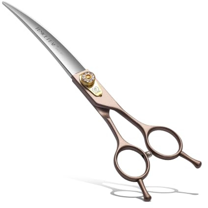 Fenice Peak Professional Curved Dog Grooming Scissors 7'' Rose Gold 440C Stainless Steel Pet Cutting Shears Safety Trimming Shearing for Dogs Cats