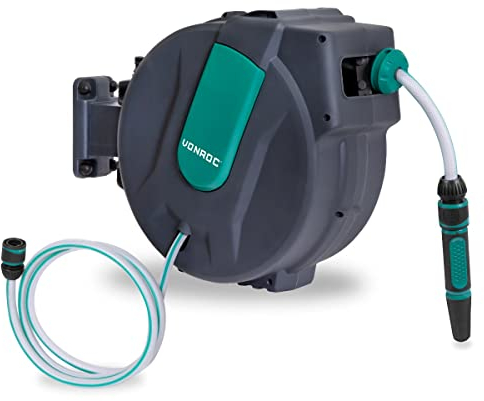 VONROC Avvolgitubo da giardino 25m, Sistema di Avvolgimento a Molla, Rotazione 180°, Anti-Attorcigliamento, Grigio Antracite, per Irrigazione Giardino, Lavaggio Auto, Piscina