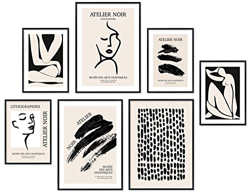 Hyggelig Home Premium Poster Set - 7 hochwertige Poster im Kunstdruck schwarz weiß beige abstrakt aesthetic - für Wohnzimmer Schlafzimmer Esszimmer Flur - Set Atelier Noir - Ohne Rahmen