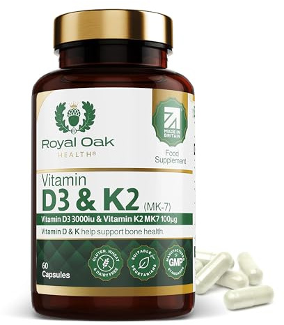 Royal Oak Health Vitamin D3 K2 High Strength MK7 Supplement (Vitamin D 3000 IU + 100mcg Vitamin K2 (MK7), Easy to Swallow Vitamin D3 and K2 Vitamin Capsules… (60 Capsules)
