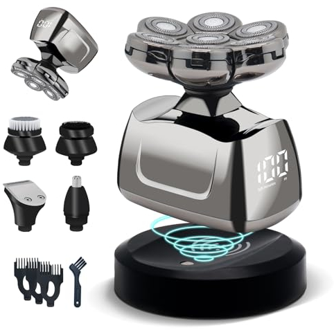 Glatzen Rasierer Herren Elektrisch, Qhecomce 5 in 1 Kopfrasierer für Glatze mit 7 Rotierende Scherköpfe, Led Nass-/Trockenrasierer Pflege Kit, Drahtlose und Typ C wiederaufladbare Glatzenrasierer