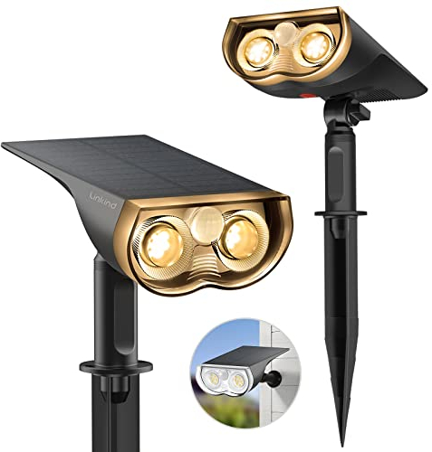 Linkind Lampe Solaire Exterieur Detecteur de Mouvement 1000LM, 3000K Blanc Chaud & 6500K Blanc Froid, 24 LED Spot Solaire avec 3 Modes, IP67 Étanche, Projeteur Solaire pour Jardin/Allée, Lot de 2