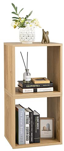 COSTWAY Juego de 2 Estante de Madera, Organizador de Cubo de Pie, Gabinete de Celosía de Combinación,Librería Apilable, Soporte de Almacenamiento de Discos de Vinilo, para Sala de Estar, Dormitorio