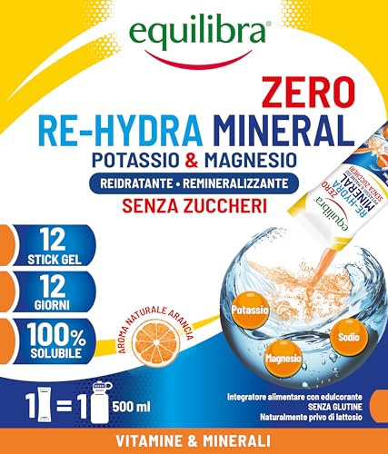 Equilibra Potassio e Magnesio, Re-Hydra Mineral Zero, 12 Stick, Gusto Arancia, Senza Zuccheri, Integratore Magnesio, Potassio, Sodio per Reintegro Sali e Reidratazione, Senza Glutine e Lattosio