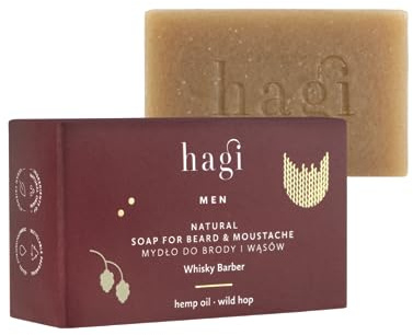 Hagi Whisky Barber Sapone Naturale per Barba e Baffi, con Estratto di Luppolo, Olio di Pino, Burro di Karitè, Oli di Erbe, Protettivo e Rinforzante, Profumo di Whisky, 100 g