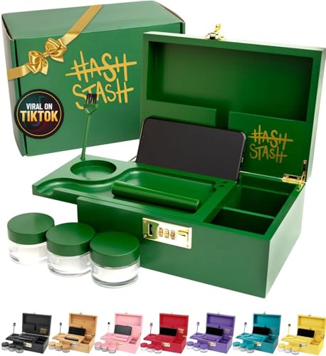 HASHSTASH - The OG Stash Box - Caja de almacenamiento con cerradura combinada integrada y accesorios - 3 tarros a prueba de olores, bandeja rodante, tubo, cepillo - Juego de kit de regalo de caja de