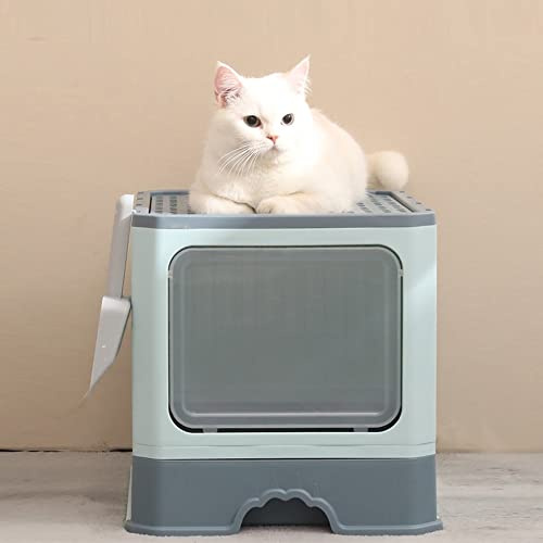 Bac à Litière Pliable pour Chaton avec Couvercle, Maisons de Toilette pour Chats, Litiere pour Chat Fermée, Bac à Litière pour Chat avec Pelle, Plateau Amovible (50 * 35 * 38cm/Vert/D)