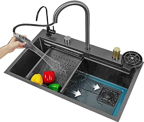 Waschbecken Home Küchenspülen Wasserfallspüle Großraum-Edelstahl-Einschlitz-Zughahn Sauberer Wasserhahn Tischgesteuerte Wasserbecherwaschmaschine (Farbe: Schwarz, Größe: 68 * 46 * 22 cm)