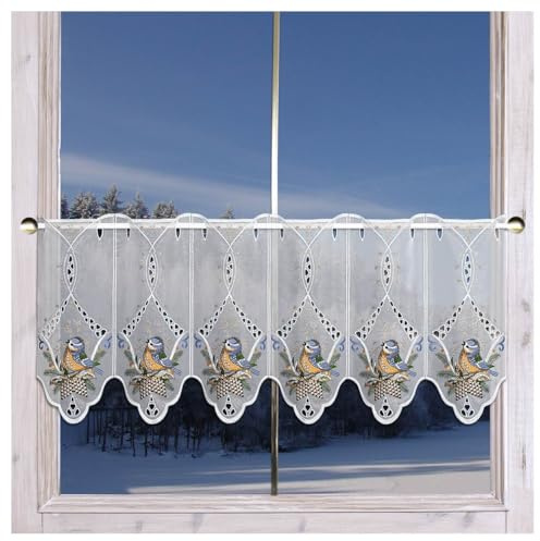 Bestickter Scheibenhänger Wintervögel aus Echter Plauener Spitze Winter-Panneaux mit Blaumeisen und Lochstickerei 35 x 128 cm