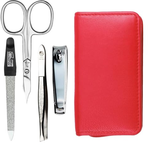 Hans Kniebes Maniküre Set 4-teilig Rot – Reise Nagelpflege Set für Damen & Herren – Profi Edelstahl Nagelschere, Nagelknipser, Feile & Pinzette – Echtes Nappa Leder Etui – Pediküre Set