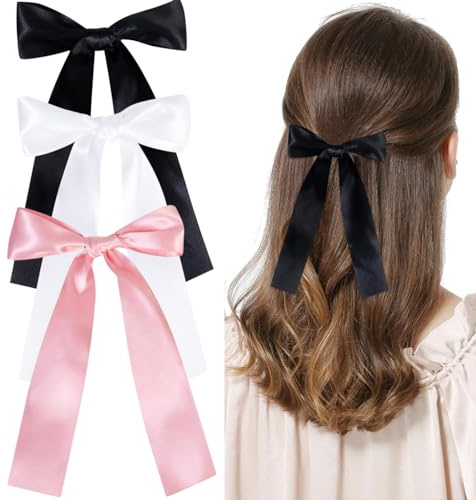 SoundZero 3 Stück Haarschleife, Schleife Haarspangen, weicher seidiger Satin-Haarspange, lange bänder schleife haare, Haarspangen mit großer Schleife, Schleife Haare Damen(Schwarz, Weiß, Rosa) | weicher seidiger Satin-Haarspange, Haarspangen mit großer Schleife, Schleife Haare Damen(Schwarz, Weiß, Rosa)