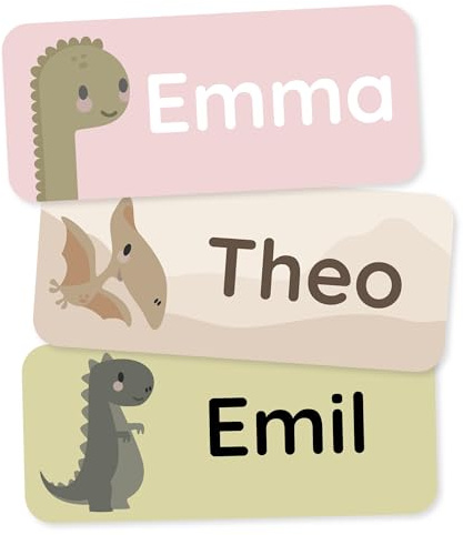 Klebekerlchen® Namensaufkleber für Kinder (60 Stück), Kleidung & Gegenstände Namensschilder personalisiert und waschmaschinenfest, Schule und Kindergarten - Dinosaurier
