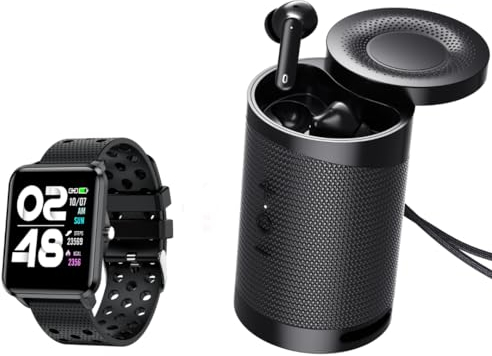 Ensemble Bemi KIX-M+Duo en Noir: Montre connectée Fitness avec Lecteur Audio intégré, Haut-Parleur Bluetooth et écouteurs sans Fil Bemi Tutti. Boîte Cadeau spéciale Incluse
