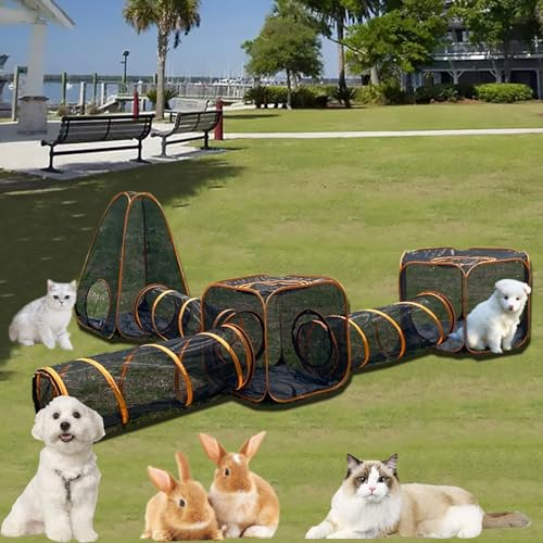Pucaru Katzenzelt im Freien mit Tunnel, Aufklappbares Haustierzelt, Katzengehege im Freien, Geeignet für Kätzchen, Welpen, Kaninchen, Kleine Hunde