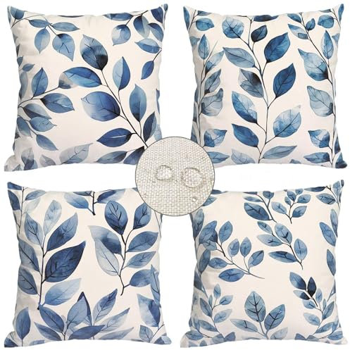 Outdoor Kissen 4er Set Wasserdich Sofakissen Blau Kissenbezug Outdoor Wasserdicht Kissenbezug 40x40cm Blätter Kissenbezüge Sofa Cover Leinen Kissenhülle für Garten Wohnzimmer Bett Deko Kissen mu-401