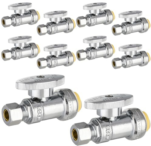 10-PCs HeSun Push-Fit Straight Stop Valve, 1/2 Push x 3/8 OD Compression Straight Stop, 1/4 Turn Water Shut Off Valve for Bathroom with Disconnect Clip Tool(PF-VALVE021-10)