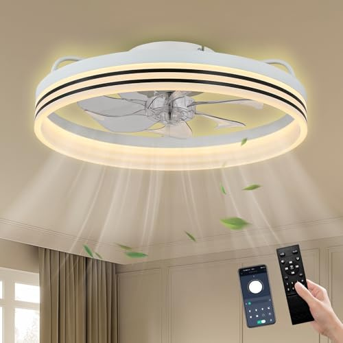 Cainjiazh Modern Ceiling Fan with Dimmable Lights - Low Profile Fandelier Flush Mount Bladeless Chandelier for Bedroom, Kitchen and Living Room (50cm White)