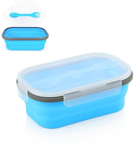 YqsIbth Lunch Box, 1000ml Bento Lunch Box for Adults and Kids, Collapsible Food Storage Containers with Cutlery, Stackable Packed Lunch Boxes BPA Free Microwave Safe(Blue)