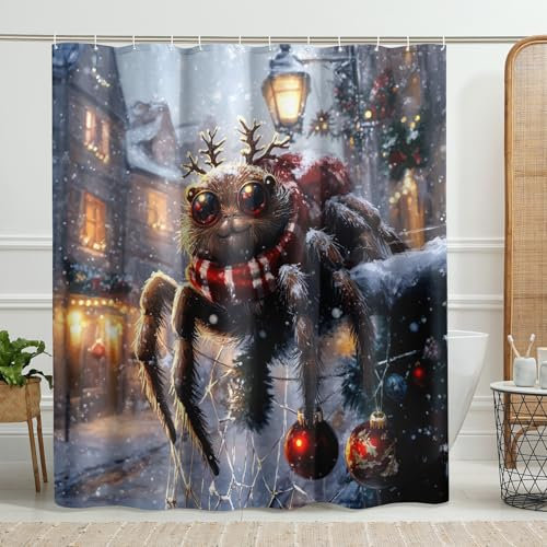 Cortina de ducha de araña navideña, decoración festiva de baño de araña marrón para temporada de vacaciones, juego de cortina de ducha de tela impermeable moderna con ganchos, 72 x 72 pulgadas
