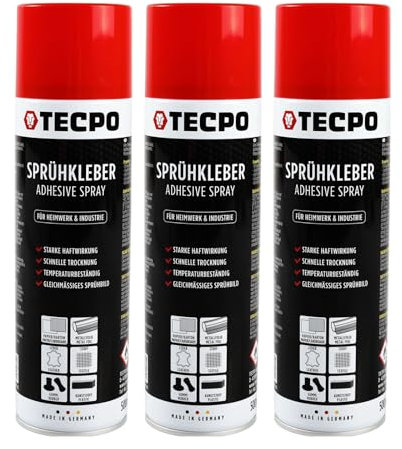 TECPO Sprühkleber 3x 500ml, Industriekleber, Stark haftend, Schnelle Trocknung, Hohe Temperaturbeständigkeit, Vielseitig für Textilien, Leder, Schaumstoffe, Dämmmaterialien, PVC, Papier