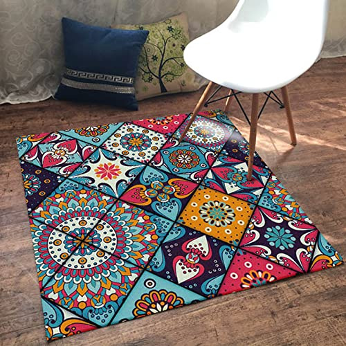Yaaxinb Teppich Quadratisch rutschfest waschbarer, Teppiche Orientteppich Webteppich Kurzflorteppich für Wohnzimmer Schlafzimmer Esszimmer，rot gelb blau Farbe Vintage 150 x 150 cm