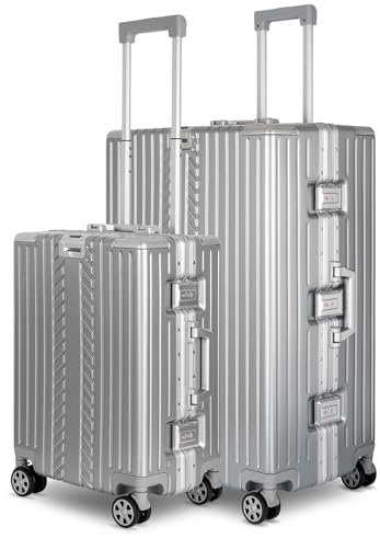 WINLIFE SPARSET M XL resväska aluminiumram med ABS & TSA nummerlås, handbagage M (53 cm) + Checkin-Trolley XL (75 cm) resväska med hårt skal | silver, silver, M + XL, Resväska set