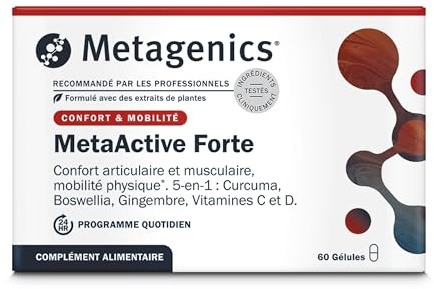 Metagenics MetaActive Forte, Curcuma Boswellia Gingembre, 60 Gélules | Association de curcumine, boswellia et gingembre. Aide à maintenir le confort et la souplesse de vos articulations.
