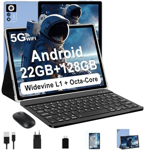 ZIOVO Tablette 10 Pouces Android 14 Tablette, 22GoRAM+128Go ROM (1To TF),Widevine L1|8000mAh| Octa-Core|2.0GHz| 5G WiFi| BT 5.0| 5+8MP, 2 en 1 Tablette Tactile avec Clavier et Souris-Bleu