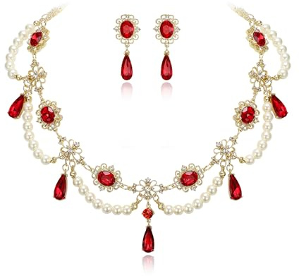 Clearine Halloween Gothic Costume Multi Layered 1920s Simulated Pearls Flower Collar Necklace Dangle Earrings Set for Women Vampire Cosplay Party Prom Jewellery Accessory Ruby Gold-Tone