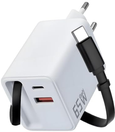 Chargeur USB C 65W Retractable Chargeur Rapide USB C GaN 65W à 3 Ports Prise Rapide PD3.0 avec Câble Rétractable 70cm pour iPhone 16/15/14/13 Pro Max MacBook Pro Galaxy S24 Switch Laptop