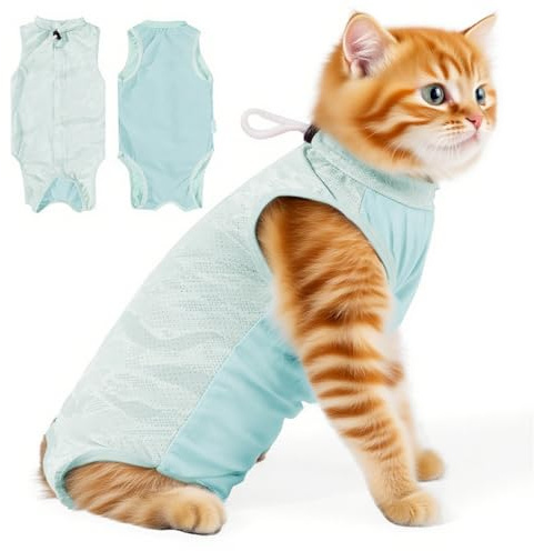 Återhämtningsdräkt för katter och kirurgi, andningsbar kattunge, kattunge, onesie, kirurgisk spay, ersättning, för spay/neuter kirurgi magsår hudsjukdom förebyggande slickande (L/blå)